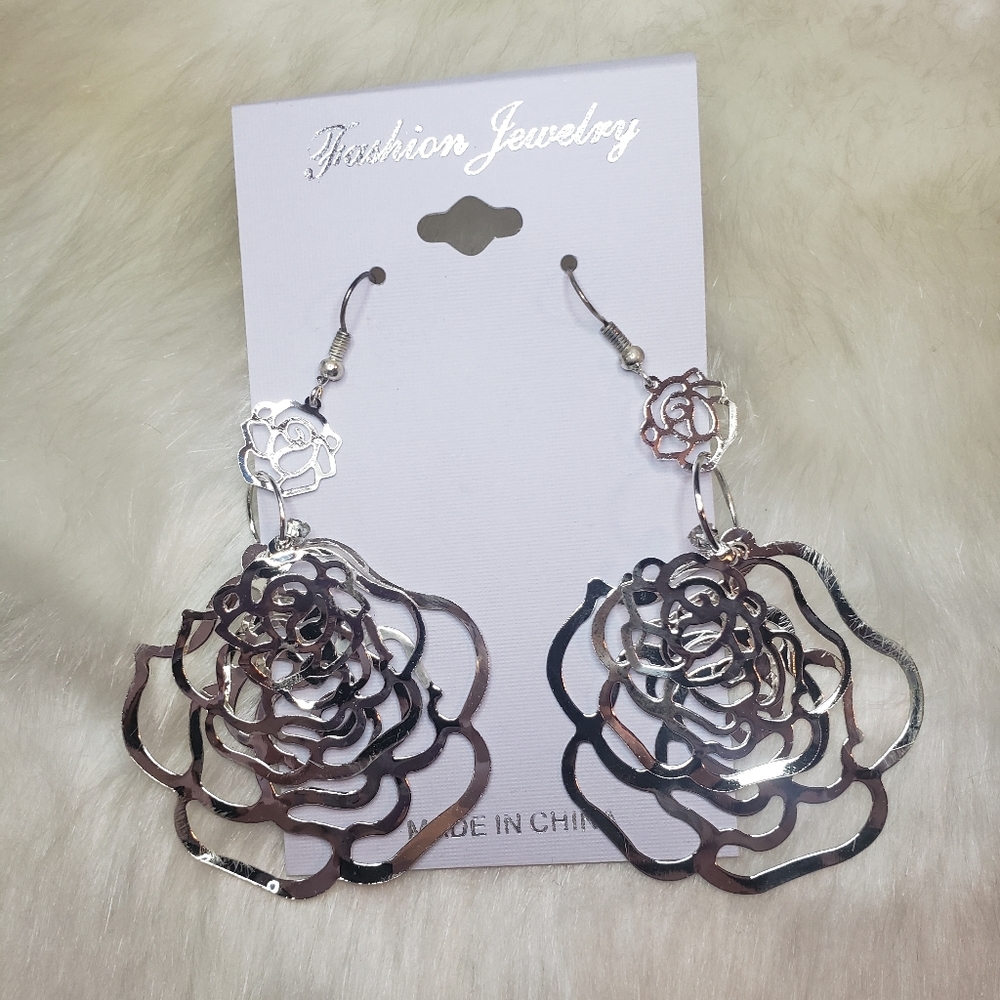 3D Silver Rose Statement Earrings